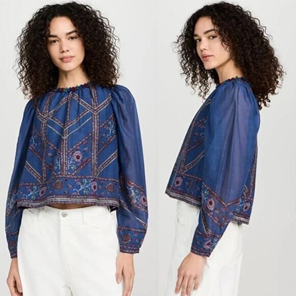 NWT Sea New York Lightweight Non-Stretch Voile Long Sleeves Valeria Top Navy - Picture 1 of 7